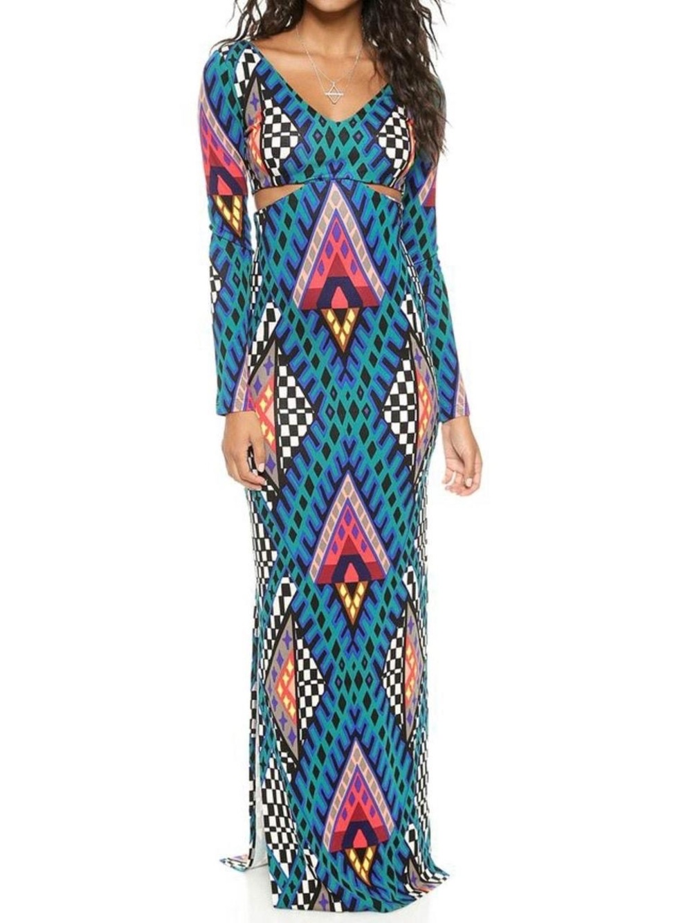 Mara Hoffman Geometric Print Multicolor Cut-Out Long Sleeve Maxi Dress